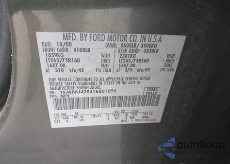 2001 Ford Excursion Limited из США, поврежденный, VIN 1FMNU42S41EB01056